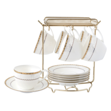 JUST HOME 浪漫日記骨瓷六杯盤組附金架, 金色, 1入, 咖啡杯6個 + 咖啡碟6個 + 杯盤架1個