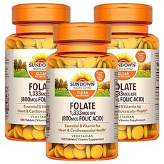 SUNDOWN NATURALS 日落恩賜 高單位葉酸錠 1 333mcg DFE (800mcg 葉酸) 素食, 100顆, 0.2g, 3罐