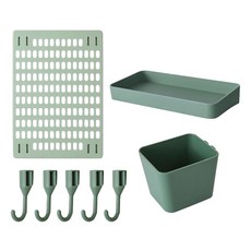 免打孔家用洞洞板置物架 Set 8件 PS材質 42x30cm洞洞板 20x10x3cm置物盤 10x8x8cm收納盒 5個掛勾, 綠色, 1組