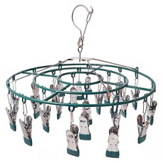 多功能不鏽鋼防滑防風多夾衣架 圓形24夾 360度旋轉, 33.5 x 30cm, 墨綠色, 1組