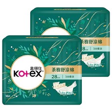 Kotex 靠得住 茶樹舒涼 涼感衛生棉 3分微涼 護翼型, 夜用一般型 28cm, 16片, 2包
