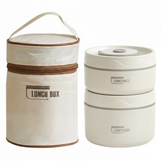 Couselect 日式不鏽鋼 2層保溫便當盒 420ml + 550ml 附保溫袋 + 餐具, 1套, 米白色