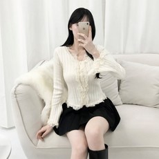 PEONIST 女款蕾絲荷葉邊修身針織衫 R