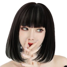 하이유니 브릿지 C컬 펌 헤어 단발 통가발 가발 29cm + 가발망 + 거치대 세트, 블랙+애쉬민트, 1개