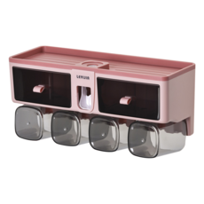 FAmILyLIFE 生活 抽屜式無痕壁掛耐重牙刷架 四杯組, 粉色, 1組