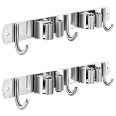 AHOYE 不鏽鋼壁掛2夾3鉤拖把架 不鏽鋼色 拖把夾/抹布掛勾/掃把架 壁掛收納, 2個