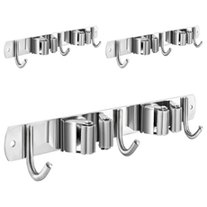 AHOYE 不鏽鋼壁掛2夾3鉤拖把架 多功能收納架 免打孔安裝, 3個, 不鏽鋼色