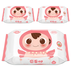 순둥이 베이직 무향 엠보싱 아기 물티슈 휴대 리필형, 3개, 20매, 55g