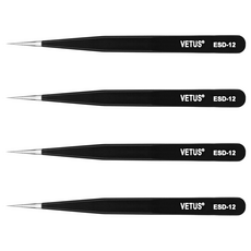 VETUS ESD-12 尖頭粉刺夾 美容鑷子 防靜電, 黑色, 4支
