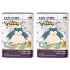 eorinsum 天然紙漿 4層 寶可夢 彩色線條 裝飾 壓花 捲筒衛生紙, 30m, 2個, 30捲