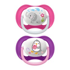 PHILIPS 飛利浦 AVENT 新安怡 Ultra Air 動物圖案安撫奶嘴組, 粉色 + 紫色, 6~18個月, 1組