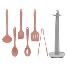 lilive 矽膠廚具7件組, 1套, 漏勺 + 夾子 + 烹飪勺 + 刮刀 + 鍋鏟 + 湯勺 + 收納架, 莫蘭迪粉