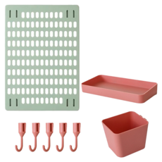 免打孔家用洞洞板置物架, 42x30洞洞板, 20x10x3置物盤, 10x8x8收納盒, 2.6cm掛勾, 洞洞板綠色 配件粉色, 1組