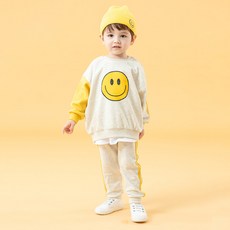 孩童微笑圖案拼色長袖衛衣+長褲套裝