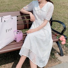 LUNA GIRL 法式翻領連身裙, 白色