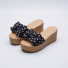 슈즈앤 여성용 땡땡이 리본 통굽 웨지 뮬 슬리퍼 SN071