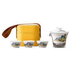 方形旅行包茶具, 千里江山3杯 + 玻璃公杯 + 收纳包, 黄色, 1組