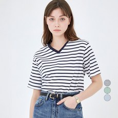 ELLE PARIS 여성용 브이넥 스트라이프 반팔 티셔츠