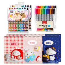 Molang 厚實綜合筆記本 隨機出貨 3入 + Monami Monijou 12色色鉛筆 隨機出貨 + Dong-A 12色彩色筆, 混合色, 2套