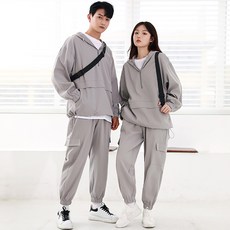 TURNKEY 男女通用 大尺碼 寬鬆版型 Anorak 風衣 半拉鍊 連帽上衣 + 工裝束口褲 套裝 AJ-1190