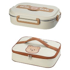 Mega 可愛五格便當盒套裝 304不鏽鋼材質 附贈湯碗+筷勺組+熊熊保溫袋, 奶茶色, 1組