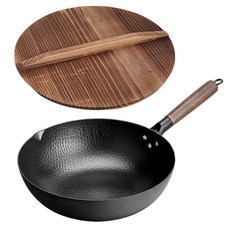 手工鍛造不沾老鐵鍋, 32cm 熟鐵材質, 杉木碳化鍋蓋, 1個