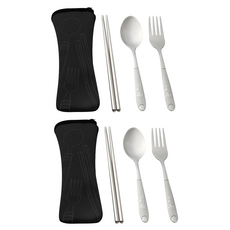 不鏽鋼餐具4件組 CHN331, 筷子 + 湯匙 + 叉子 + 收納袋, 顏色隨機, 2套