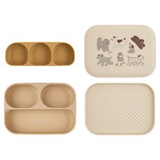 DONODONO 矽膠防滑餐具組 6個月以上, Puppy Beige, 餐盤 + 三格餐盤 + 餐盤蓋子, 1組