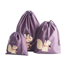 E.City 可愛動物圖案輕旅行束口收納袋3件套 PEVA材質, 小(21 x 24cm) + 中(32 x 27cm) + 大(37 x 41cm), 紫色, 1組