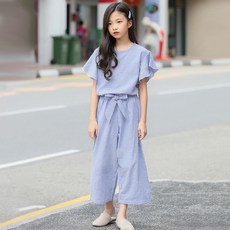 女童條紋荷葉邊短袖上衣+長褲套裝