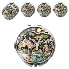 螺鈿漆器貝殼圓形手拿鏡, 鴛鴦松鶴, 6個