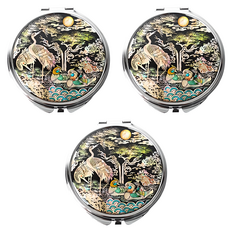 螺鈿漆器貝殼圓形手拿鏡, 鴛鴦松鶴, 3個