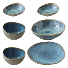 JUST HOME 日式窯變陶瓷餐具 6件組, 2個碗 + 缽 + 荷口盤 + 2個調味碟, 藍色 + 灰色, 1組