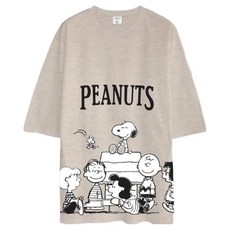 Moon Collection 男女通用 Peanuts 寬鬆版型 鄰家朋友 史努比 透氣 短袖T恤, 燕麥色