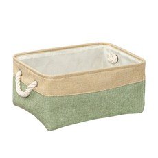 妃妃嚴選 加厚亞麻收納籃, 中(36 x 27 x 16cm), 米色 + 綠色, 1個