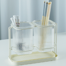 Jonipeuri 現代簡約條紋瀝水雙格餐具筒, 霧面米色, 1個