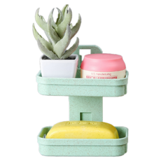 小麥壁掛雙層肥皂盒, 免釘免鑽, 不傷牆面, 黏貼牢固, 整潔收納, 有效排水設計, 綠色, 2組