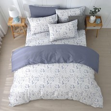 Hong Yew Bedding 鴻宇寢飾 100%純棉薄被套 台灣製, 花卉圖案 白色 + 灰藍色