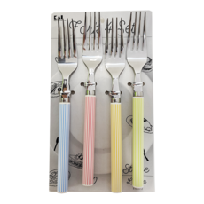 KAI 貝印 KITCHEN 直條紋叉子 日本製造, 藍色 + 粉色 + 黃色 + 綠色, 4支