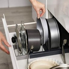 FORONEMILLION 多用途長度可調式平底鍋整理架, 黑色, 1層