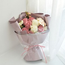 Decocomani假花害羞告白肥皂花束+購物袋, 深粉色+白色