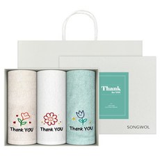 Songwol 松月 Thank You Flower Joy 30支棉毛巾3件組 130g + 購物袋, 1組, 米色, 象牙白, 淺綠色
