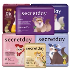 secretday Love蝶翼型衛生棉 中(24.5cm) 16片入+大(29cm) 14片入+夜用型(36cm) 10片入+夜用超長型(43cm) 8片入+一般型護墊 15cm 20片入+褲型衛生棉 M(90~100號) 4片入, 1組