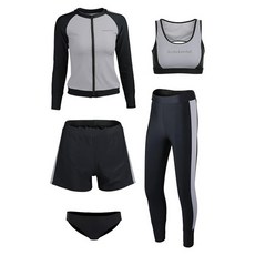 愛北鼻 成人女長袖分體泳衣 五件套, 灰黑色