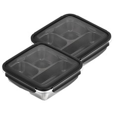 304不鏽鋼 黑蓋鋼色斜邊保鮮盒 三格平蓋 可微波, 324g 1.2L, 2個