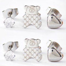 노이드비 여성용 써지컬스틸 체크곰돌이 큐빅 하트 침형 귀걸이 3종 세트