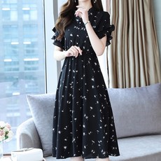 LUNAGIRL 荷葉邊袖飄逸洋裝, 黑色