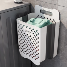 超級工廠 洗衣籃 特大號 附贈無痕貼片 可折疊壁掛式設計 節省空間 簡約風格, 灰白色