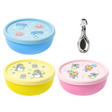 KOM 316不鏽鋼兒童隔熱碗組, 獅子 + 企鵝 + 鯨魚, 矽膠上蓋 + 湯匙, 1組