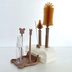 YoGoMoJi 嬰幼兒便攜式奶瓶晾乾架兼奶瓶清潔刷組, 奶瓶晾乾架 + 3種清潔刷 + 清潔刷架 + 空瓶, 小熊粉紅